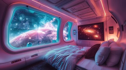 Poster - A futuristic and cozy bedroom inside a spaceship. A large panoramic window dominates the wall, through which purple and blue nebulae and galaxies stretch out.