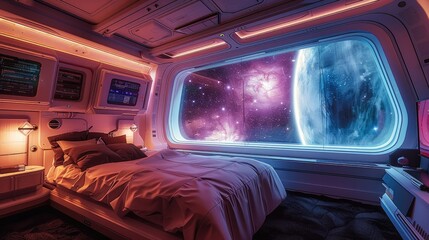 Poster - A futuristic and cozy bedroom inside a spaceship. A large panoramic window dominates the wall, through which purple and blue nebulae and galaxies stretch out.