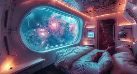 Poster - A futuristic and cozy bedroom inside a spaceship. A large panoramic window dominates the wall, through which purple and blue nebulae and galaxies stretch out.