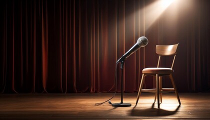 A solitary microphone stands beside an empty wooden chair on a stage, illuminated by a spotlight, with dark red curtains creating a dramatic atmosphere.