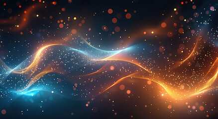 Aufkleber - Abstract glowing particles forming dynamic waves of blue and orange, vibrant energy flowing in a cosmic-like scene, sparkling light points scattered throughout, soft gradient blending into background.