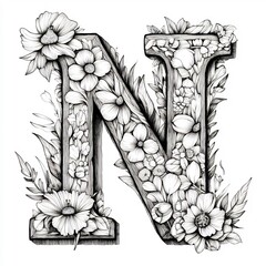 Poster - Simple handdrawn letter N a black outline designed for children to color and practice the alphabet on a white background