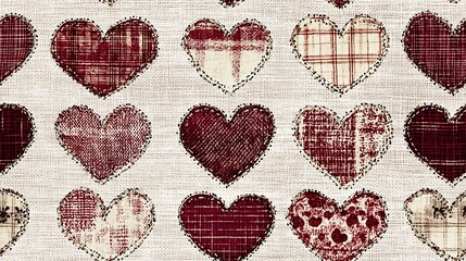 Poster - Stitched lace heart motifs, fabric texture, cozy and handmade feel, various shades of red and cream, patchwork look, hd quality, seamless repetition. --ar 16:9 --tile