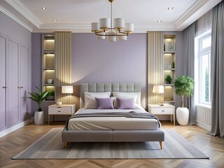 Embrace contemporary chic in this minimalist bedroom, adorned in soft lavender and calming pastel tones, fostering an atmosphere of serenity and relaxation.