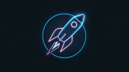 Poster - Neon rocket ship taking off on a dark background.