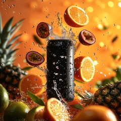 Aufkleber - A flying slim black can against orange background, can is surrounded by citrus fruit, pineapple chunks, passionfruit, water splash effect.
