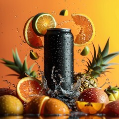 Aufkleber - A flying slim black can against orange background, can is surrounded by citrus fruit, pineapple chunks, passionfruit, water splash effect.