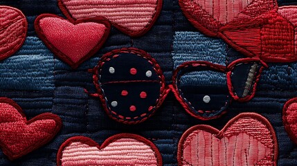 Poster - Stitched pattern of heart-shaped sunglasses and accessories, fabric texture, embroidery style, cozy and handmade feel, various shades of red and pink, patchwork look, hd quality, seamless repetition.