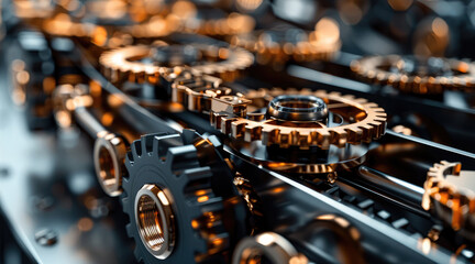 Poster - A mechanical workflow design with interconnected gears, conveyor belts.