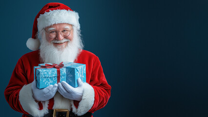 Joyful Santa with blue gift in hand, smiling warmly.