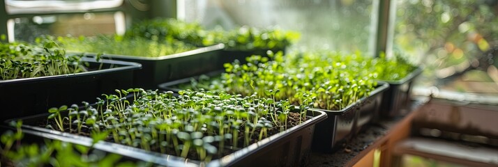 Poster - Trays of lush microgreens grow steadily in a cozy greenhouse, bathed in warm afternoon sunlight. Generative AI