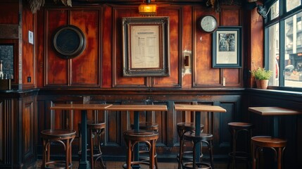 Wall Mural - A blank picture frame hanging on the old textured wooden wall in a cosy old english or irish pub