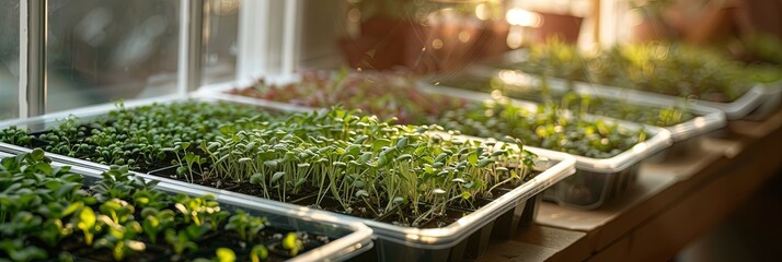 Poster - Trays of various microgreens are flourishing in a cozy home greenhouse, bathed in warm morning light. Generative AI