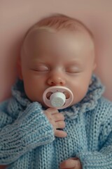 Wall Mural - A baby sleeps peacefully with a pacifier in their mouth. AI.