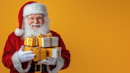 Smiling Santa with yellow gifts on vibrant background