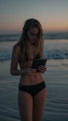 Canvas Print - A woman in a bikini uses a tablet on the beach. AI.