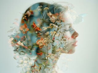 Wall Mural - A woman's face is obscured by a floral overlay, creating a dreamlike image. AI.