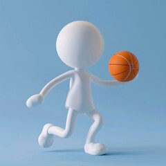 Canvas Print - A white stick figure dribbling a basketball. AI.