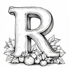 Poster - Letter R in a basic black outline on white background Handdrawn for kids to color and practice the alphabet