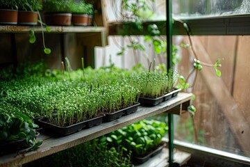 Poster - Trays of fresh microgreens thrive inside a cozy home greenhouse, receiving ample natural light through the window. Generative AI