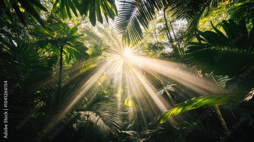 Sunlight streaming through the canopy of a dense tropical rainforest ...