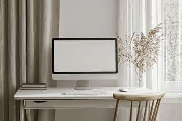 Fototapete - Front view of a blank computer screen on a white desk in a minimal home office interior. A mockup with copy space for text and design elements