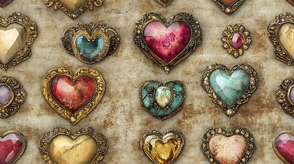 Wall Mural - Vintage-style pattern of heart-shaped gemstones and jewelry, faded tones on an aged parchment background, nostalgic appearance, muted colors, antique vibe, hd quality, seamless arrangement.