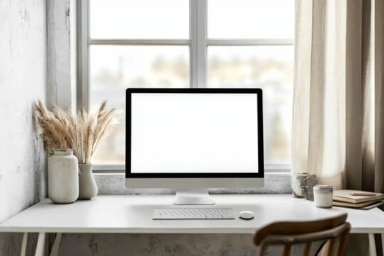 Front view of a blank computer screen on a white desk in a minimal home office interior. A mockup with copy space for text and design elements
