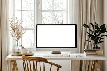 Front view of a blank computer screen on a white desk in a minimal home office interior. A mockup with copy space for text and design elements