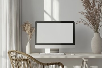Fototapete - Front view of a blank computer screen on a white desk in a minimal home office interior. A mockup with copy space for text and design elements