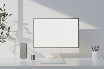 Fototapete - White desktop with computer mockup and accessories on it, against a white wall background. Minimalist home office interior design of a modern studio apartment or house. White screen