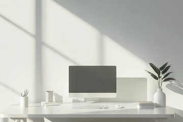 Fototapete - White desktop with computer mockup and accessories on it, against a white wall background. Minimalist home office interior design of a modern studio apartment or house. White screen