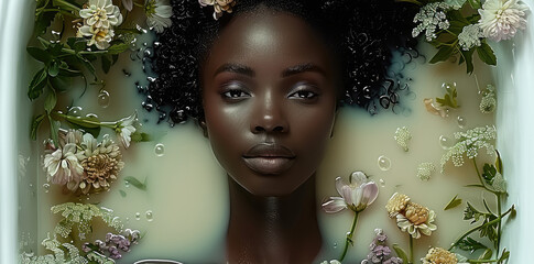 Sticker - Top down view of a very dark skin model in a bathtub filled with milk, there are flowers and greens flowing from the bathtub to the floor.