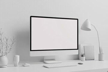 White desktop with computer mockup and accessories on it, against a white wall background. Minimalist home office interior design of a modern studio apartment or house. White screen