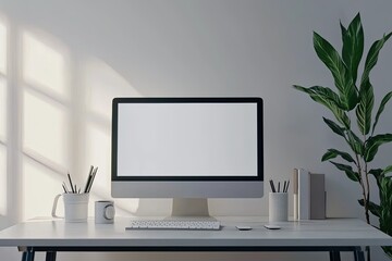 Fototapete - White desktop with computer mockup and accessories on it, against a white wall background. Minimalist home office interior design of a modern studio apartment or house. White screen