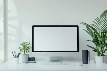 Fototapete - White desktop with computer mockup and accessories on it, against a white wall background. Minimalist home office interior design of a modern studio apartment or house. White screen