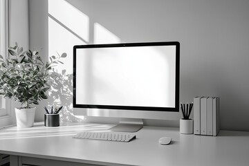 Fototapete - White desktop with computer mockup and accessories on it, against a white wall background. Minimalist home office interior design of a modern studio apartment or house. White screen