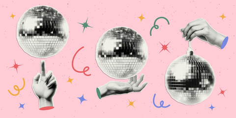 hand holding disco ball with halftone effect and stars. vector cut out sticker. trendy modern collag