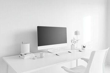 Fototapete - White desktop with computer mockup and accessories on it, against a white wall background. Minimalist home office interior design of a modern studio apartment or house. White screen