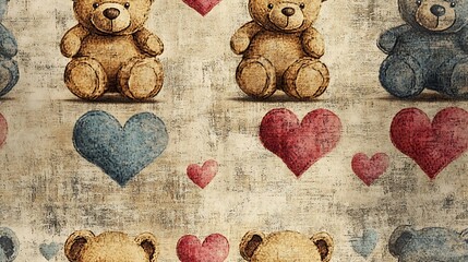 Wall Mural - Vintage-style pattern of teddy bears with hearts, faded colors on an aged parchment background, nostalgic appearance, rough texture, charming and sweet vibe, hd quality, seamless arrangement.