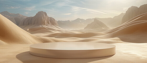 Poster - 3D render of simple abstract shapes in a beige color, on the background of a desert with mountains. There is an empty podium for product presentation.