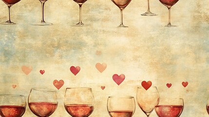 Canvas Print - Vintage-style pattern of wine glasses and heart-shaped bubbles, muted tones on a faded parchment background, nostalgic appearance, aged textures, romantic atmosphere, hd quality, seamless arrangement.