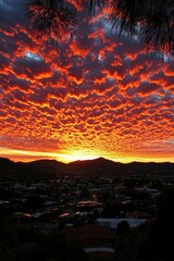 Wall Mural - Fiery Sunset Over a Suburb with Silhouetted Mountains