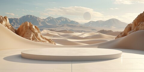 Poster - 3D render of simple abstract shapes in a beige color, on the background of a desert with mountains. There is an empty podium for product presentation.