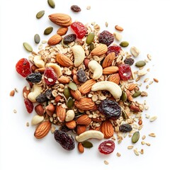 Wall Mural - A vibrant assortment of nuts and dried fruits. This image showcases a healthy mix of almonds, cashews, and berries. Perfect for snacks or adding to dishes. Fresh and colorful. AI