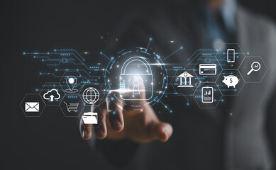 Fototapete - Cybersecurity and privacy concepts to protect data. Lock icon and internet network security technology. Businessman protecting personal data on smart phone with virtual screen interfaces.
