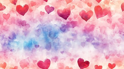 Canvas Print - Watercolor pattern of heart-shaped confetti, soft pastel colors on a textured paper background, gentle blending, flowing brush strokes, artistic feel, dreamy and romantic atmosphere, hd quality,