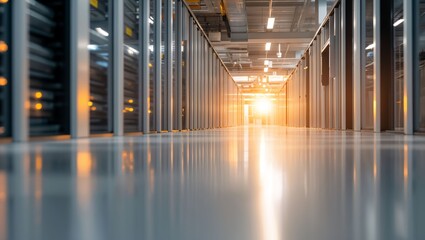 Illuminated Pathways: A Glimpse Into The Heart Of A Modern Data Center As Light Glistens Off The Sleek Floors, Showcasing The Technology That Drives Our Digital Age.