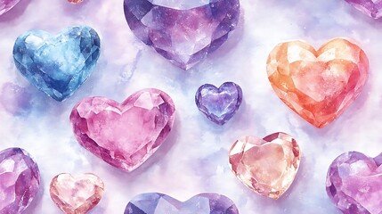 Sticker - Watercolor pattern of heart-shaped gemstones and jewelry, textured paper background, soft pastel tones, gentle brush strokes, dreamy and artistic feel, hd quality, seamless integration.