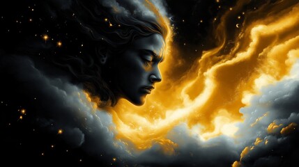 mystical face in clouds illuminated by golden light, symbolizing fantasy and the power of imaginatio